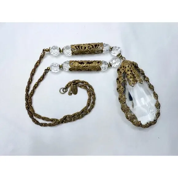 Vintage 1950s Miriam Haskell Baroque Crystal & Filigree Pendant Necklace - Picture 1 of 9